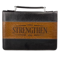 I Will Strengthen Black & Brown Faux Leather Bible Cover - Medium