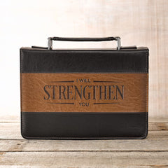 I Will Strengthen Black & Brown Faux Leather Bible Cover - Medium