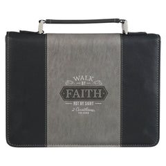 Walk by Faith Black and Grey Faux Leathr Bible Cover - Medium